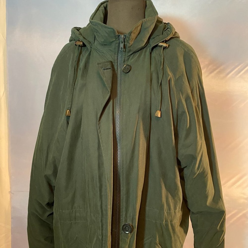Vintage Green London Fog Winter Hooded Coat with Zipper and Removable Lining